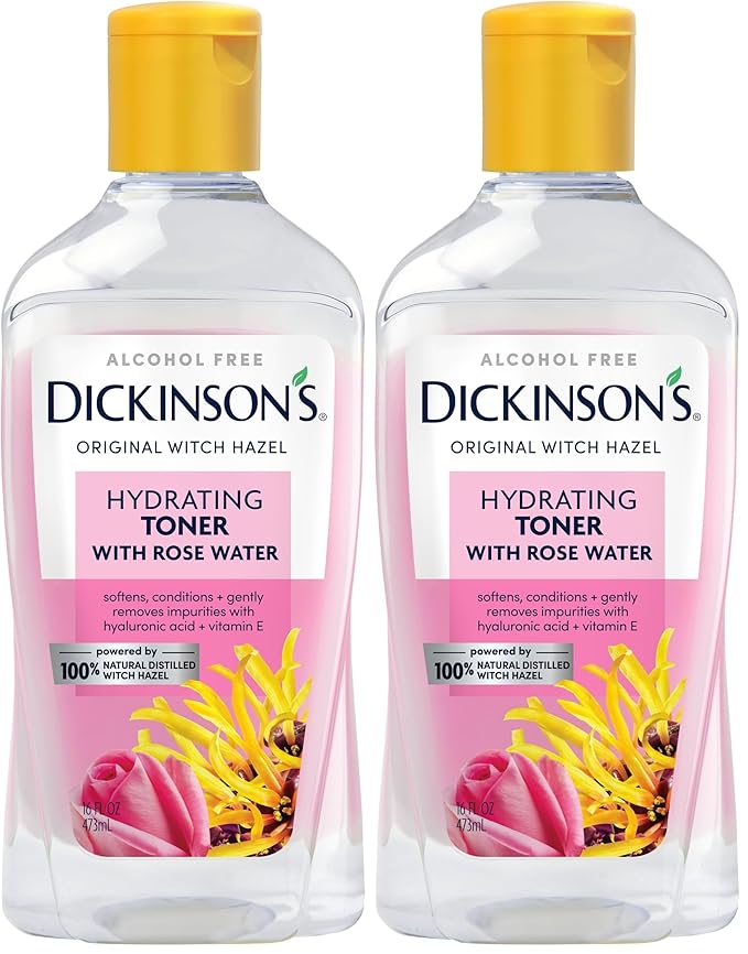 Dickinson's Enhanced Witch Hazel Hydrating Toner with Rosewater, Alcohol Free, 98% Natural Formula, 16 Fl Oz (Pack of 2)