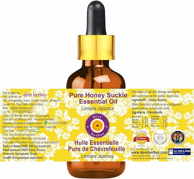 Deve Herbes Pure Honey Suckle Essential Oil (Lonicera Japonica) with Glass Dropper Steam Distilled 10ml(0.33oz)