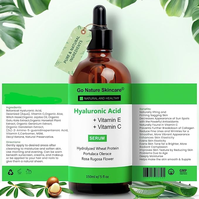 Hyaluronic Acid Serum (5oz) – 100% Pure Hyaluronic Serum for face & Anti-Aging Formula for Face – Wrinkle Reduction, Brightening & Moisturizing with Vitamin C for All Skin Types