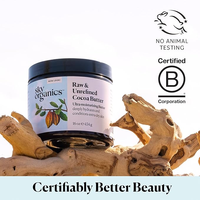 Sky Organics Raw Cocoa Butter for Body (16 oz) 100% Pure & Unrefined Solid Butter - Deeply Hydrates & Conditions Very Dry Skin - Promotes Smooth Tone & Texture - Suitable for Tight or Extra Dry Skin