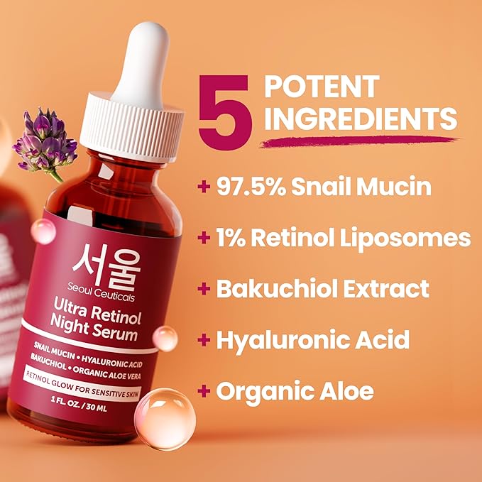 SeoulCeuticals 1% Korean Retinol Night Serum for Face - 97.5% Snail Mucin + Hyaluronic Acid + Bakuchiol, Cruelty Free K Beauty for Sensitive Skin 1oz
