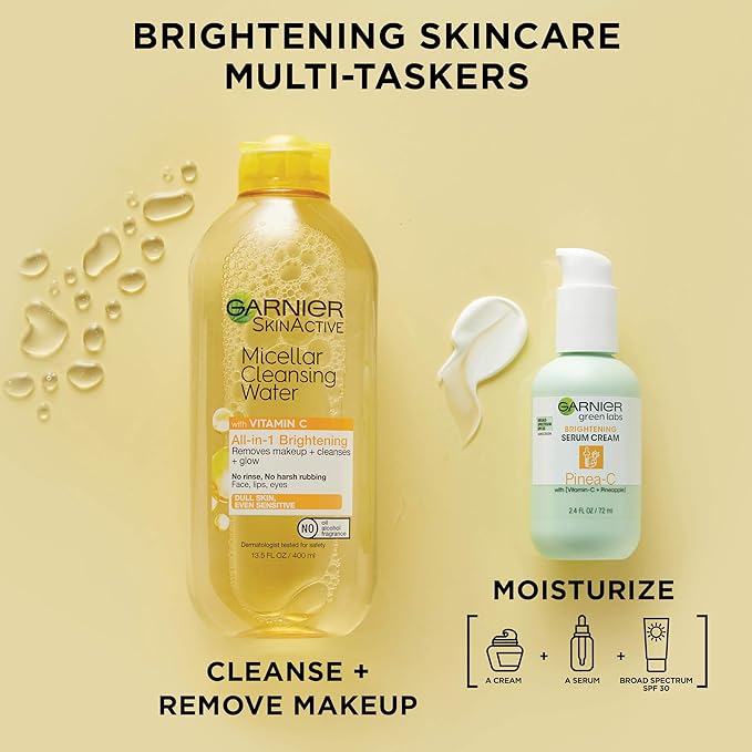 Garnier Micellar Water with Vitamin C, Facial Cleanser & Makeup Remover, Brightening & Hydrating, For All Skin Types, Vegan, Cruelty Free, 13.5 Fl Oz (400mL), 2 Count