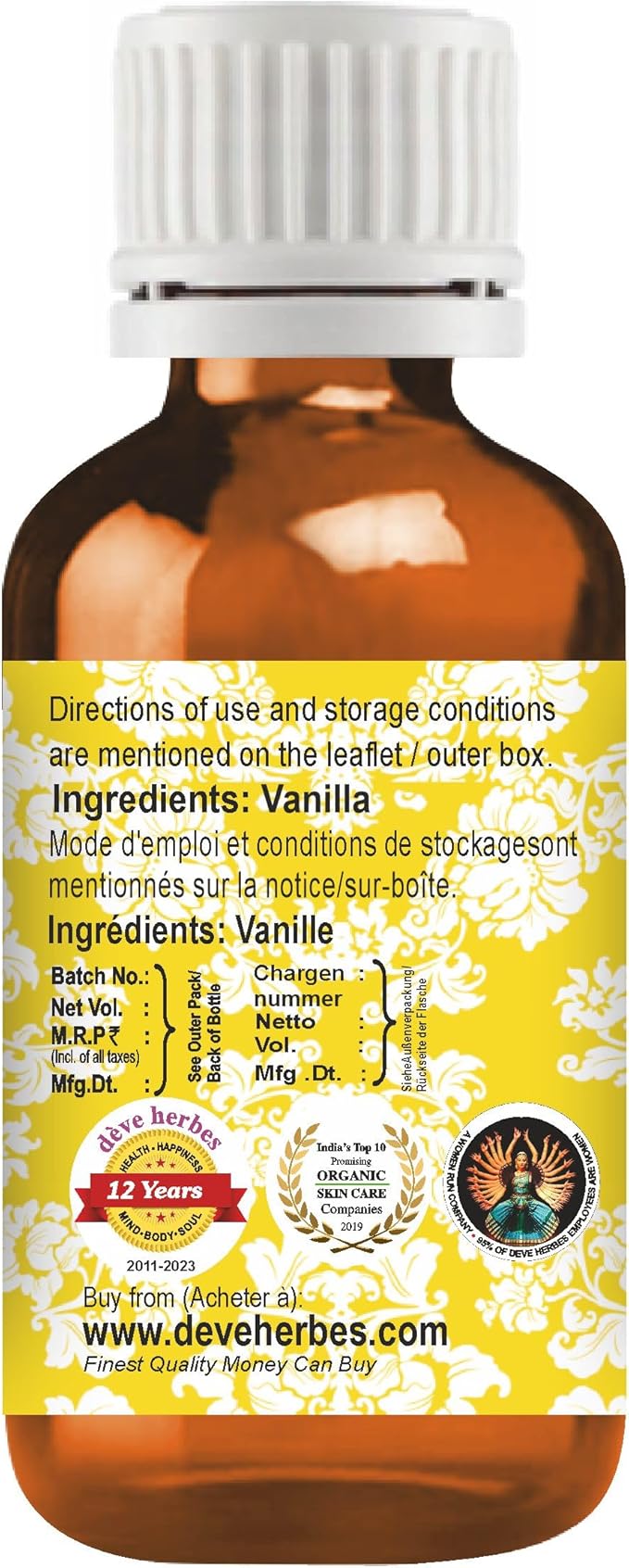 dève herbes Vanilla Essential Oil (Vanilla planifolia) Pure | Non-Sticky | Non-Greasy | Lightweight | Men & Women | All Skin Types | Steam Distilled 30ml (1 oz)