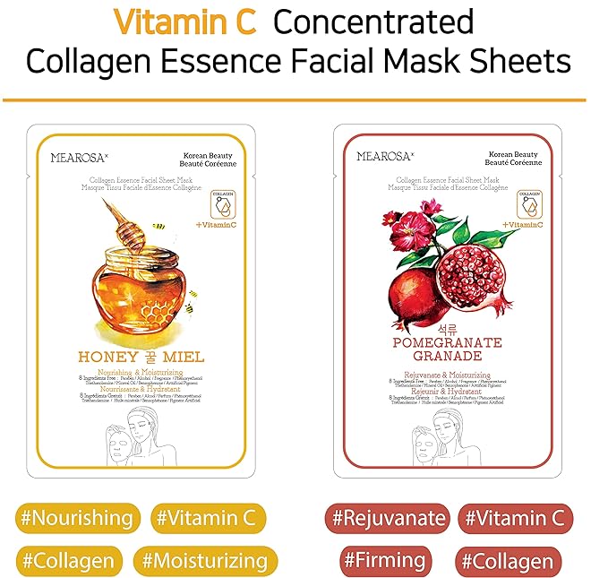 MEAROSA DESIGN Vitamin C Collagen Firming Essence Face Mask Beauty Facial Mask Sheet Mask Korea Skin Care Premium Quality (8 pack)