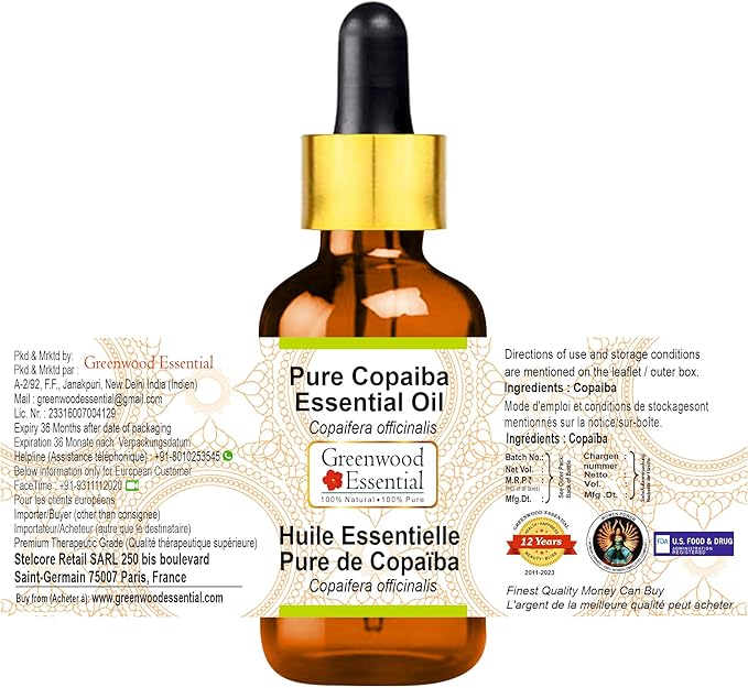 Greenwood Essential Pure Copaiba Essential Oil (Copaifera officinalis) with Glass Dropper Steam Distilled (Pack of Two) 100ml X 2 (6.76 oz)