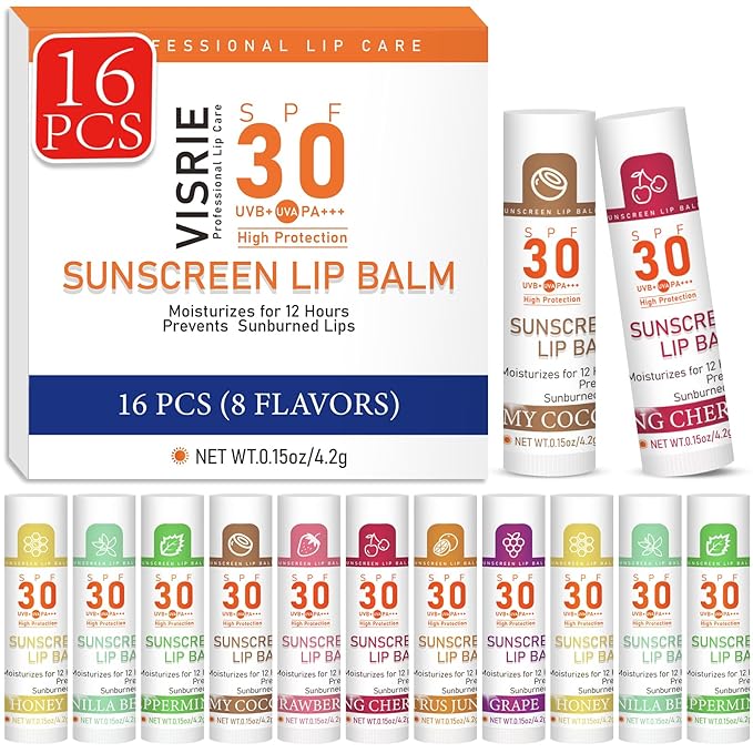 VISRIE SPF 30 Lip Sunscreen, SPF Lip Balm Travel Size 16 Pack, Hydrating Lip Balm Bulk with Vitamin E and Coconut Oil- 8 Flavors