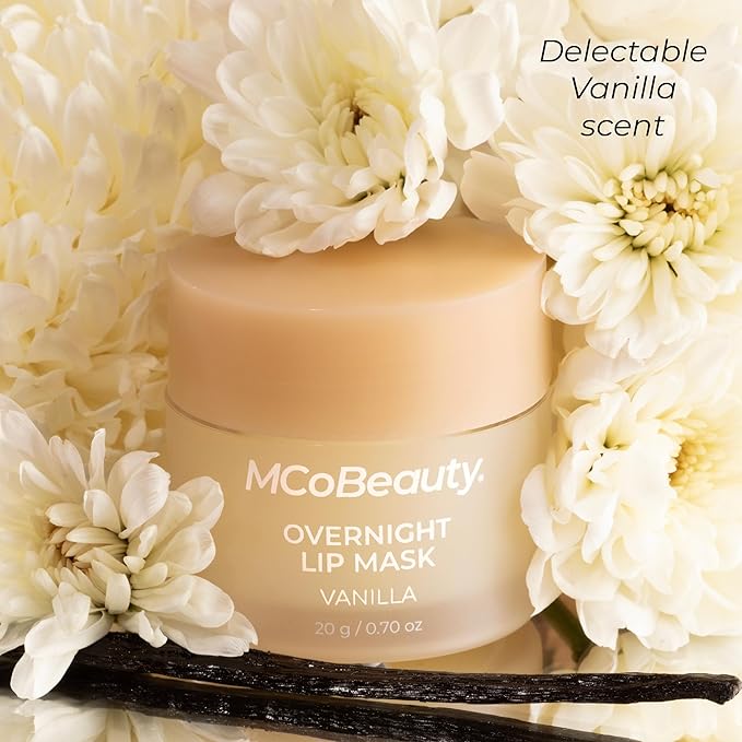 MCoBeauty Double Duty Lip Mask Vanilla - Hydrating Lip Balm with Coconut Oil Vitamin E Hyaluronic Acid - Overnight Lip Mask Treatment for Dry Lips - Tinted Lip Care, Vegan Cruelty Free - 15g
