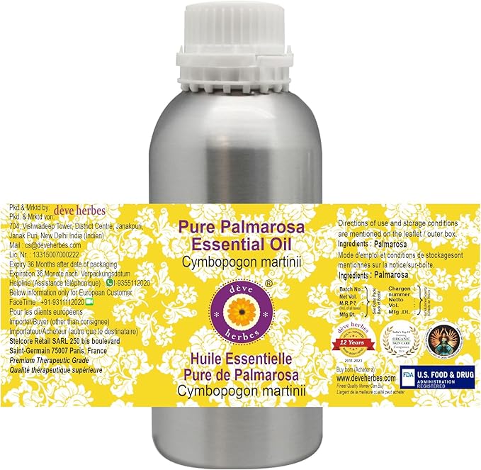 Deve Herbes Pure Palmarosa Essential Oil (Cymbopogon martinii) Steam Distilled 300ml (10 oz)