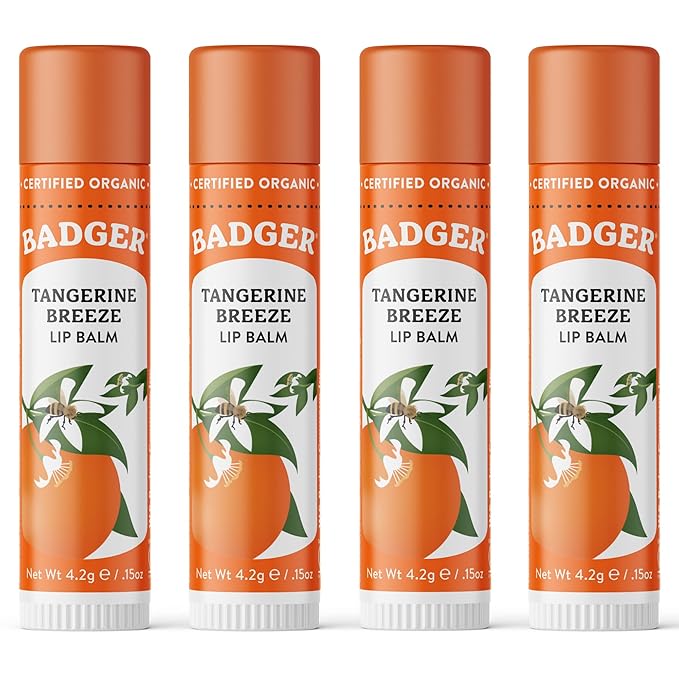 Badger Tangerine Breeze Classic Lip Balm, 100% Organic Lip Balm, Long Lasting Lip Care w/Light Silky Texture, Bright & Cheerful Lip Balm for Kids & Adults, 4 Pack
