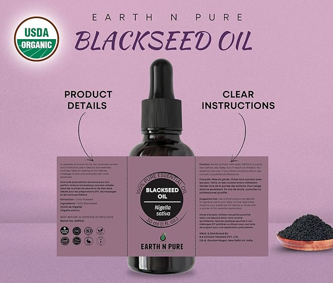 Earth N Pure Blackseed Oil (Kalonji Oil) Cold Pressed, Natural and Therapeutic Grade for Hair 15 ml