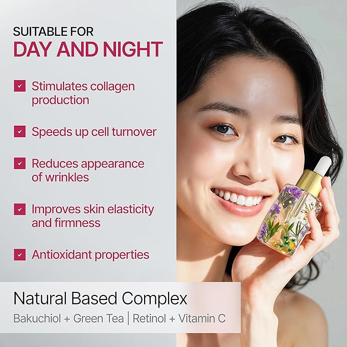 Natural Bakuchiol Face Serum with Green Tea Hyaluronic Acid Vitamin C & Retinol –Anti Aging Gentle Hydrating Serum for Face & Neck Fine Lines & Wrinkles, Smooth Radiant Skin, Gift set with Make up Bag