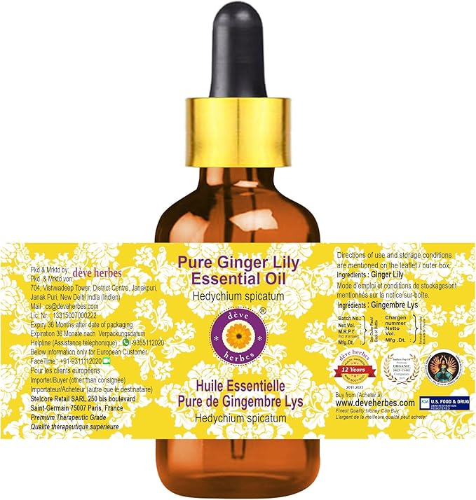 Deve Herbes Pure Ginger Lily Essential Oil (Hedychium spicatum) with Glass Dropper Steam Distilled 50ml (1.69 oz)