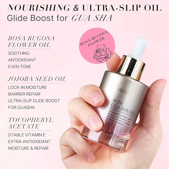 VRAIKO Gua Sha Face Oil Serum | Rosa Rugosa Flower & Jojoba Seed Oil Product | Detox, Plump, Anti-Oxidant, Soothing | Nourish, Cruelty Free, Natural, 1 fl oz