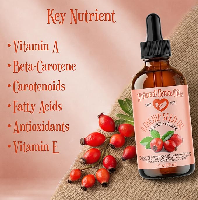 SALE! 4oz Rosehip Seed Oil, 100% Pure and Natural, Cold-Pressed, Unrefined, Organic Moisturizer for Skin and Hair - Includes Pump & Dropper