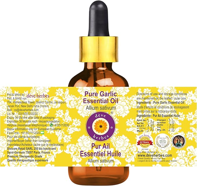 Deve Herbes Pure Garlic Essential Oil (Allium sativum) with Glass Dropper Steam Distilled 30ml (1 oz)
