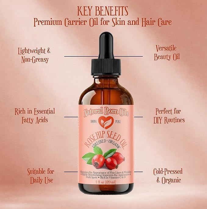 SALE! 4oz Rosehip Seed Oil, 100% Pure and Natural, Cold-Pressed, Unrefined, Organic Moisturizer for Skin and Hair - Includes Pump & Dropper