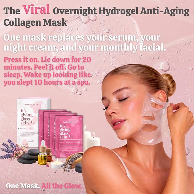 Wellnature™ The Original Overnight Real Deep Mask - It's Giving Glass Skin Hydrating Hydrogel Turns Transparent Sleep Mask Bio-Collagen Oligo-Hyaluronic Acid, Skincare Gift, Pack of 4
