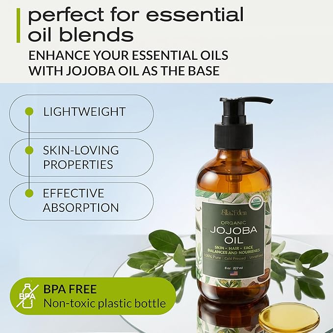 Ella & Eden 8 Oz Organic Jojoba Oil For Hair – USDA Certified, 100% Pure Cold-Pressed & Unrefined Moisturizer for Hair, Skin, Face & Nails, Hexane-Free Carrier Oil - Food Grade Plastic Bottle
