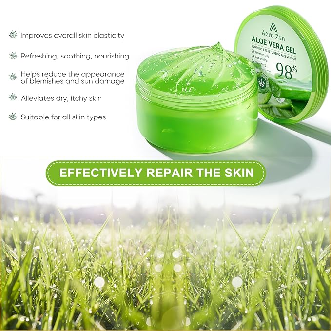 Aero Zen Organic Aloe Vera Gel for Face & Body Made within 12 Hours of Harvest, 98% Pure Aloe Vera Gel for Skin,Scalp,& Hair, Soothing Aloe Face Moisturizer,Multipurpose Skin Care（10oz）