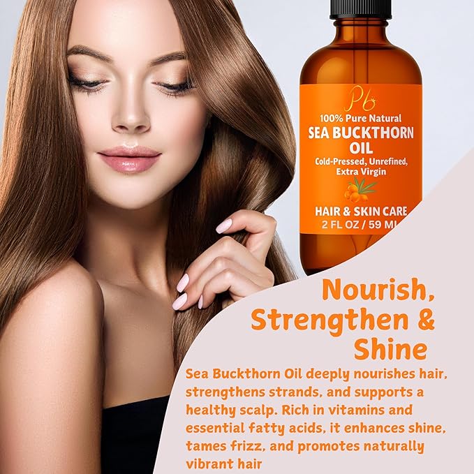Pomberries Sea Buckthorn Oil – 100% Pure Cold-Pressed from Fruit & Seed – Sea Buckthorn Seed Oil for Face, Hair, Skin & Nails – Supports Radiant, Youthful-Looking Skin – Amber Glass Bottle 2 fl oz