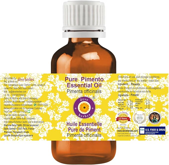 Deve Herbes Pure Pimento Essential Oil (Pimenta officinalis) Steam Distilled (Pack of Three) 100ml X 3 (10 oz)