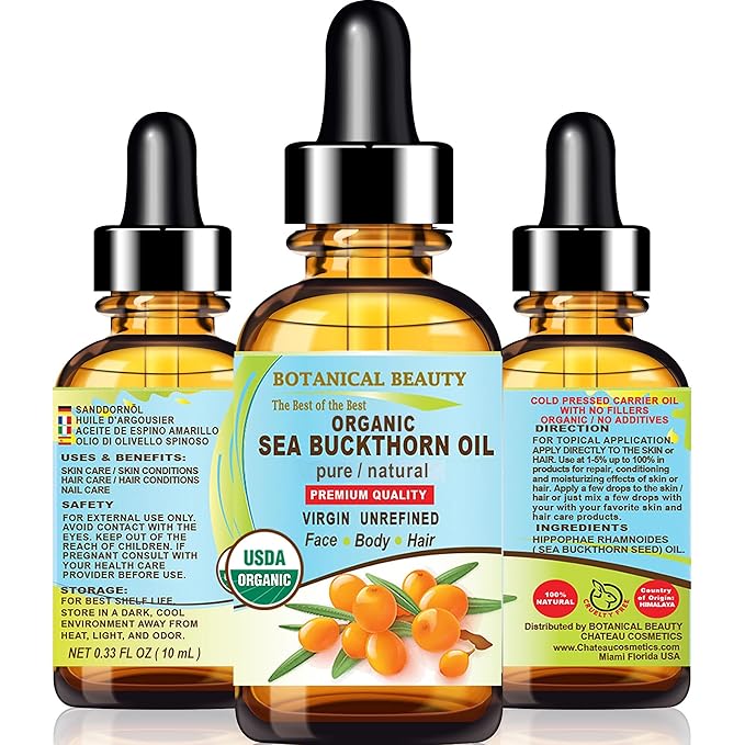 Botanical Beauty Certified Organic SEA BUCKTHORN OIL 100% Pure Natural Virgin Unrefined Cold-Pressed Carrier Oil for Face, Skin, Damaged Hair, Nails, Anti-Aging 0.33 Fl Oz - 10 ml