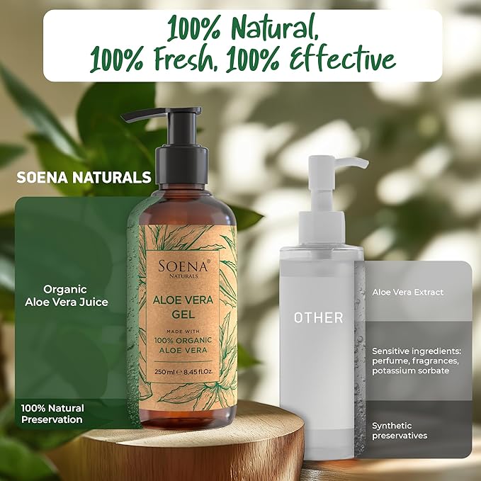 Soena Aloe Vera Gel Organic - FROM PURE ALOE LEAF JUICE - Vegan | 100% Natural & Unscented - Certified Organic - Made in Germany - Moisturizer - For Face, Skin, Hair, Sunburn relief