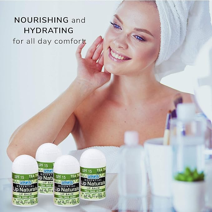 Lip Naturals® | Mini Tea Tree Balm with Sunscreen (SPF-15) | Made in USA with Coconut Oil, Tea Tree Oil, and Peppermint Oil | 12-Count Mini Lip Balm Pack with Tea Tree Mint Flavor (0.10oz/3g Each)