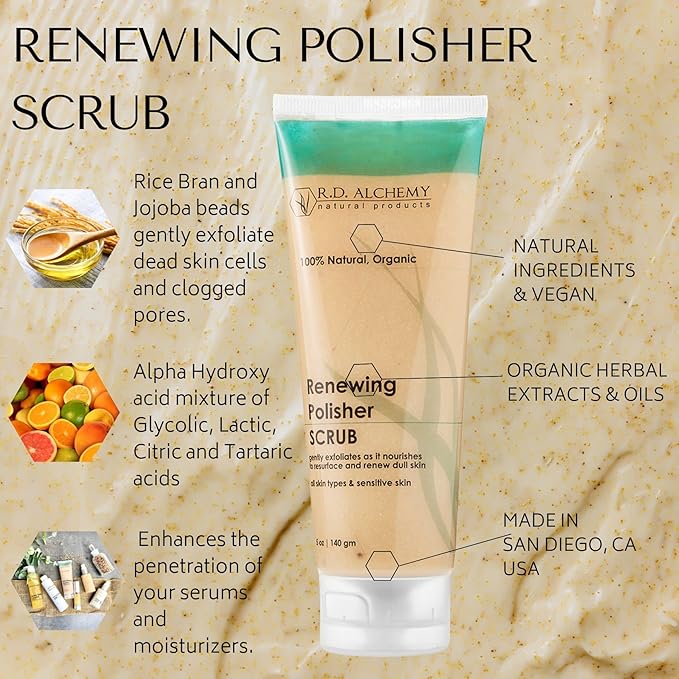 RD Alchemy - 100% Natural & Organic Renewing Polisher Face Scrub for Brightened Skin Complexion. Brightening Facial Scrub Gently Exfoliates using Jojoba Beads, AHAs, Rice Bran, & more