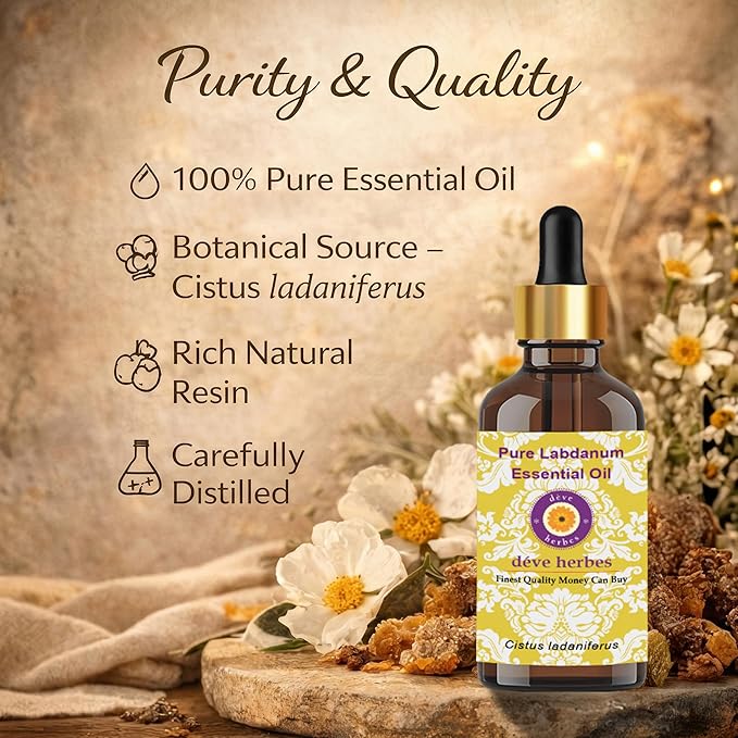 dève herbes Labdanum Essential Oil (Cistus ladaniferus) Pure | Viscous Texture | Rich Aroma | Unisex | All Skin Types | for External Use Only | Natural Extract | Steam Distilled 10ml (0.33 oz)