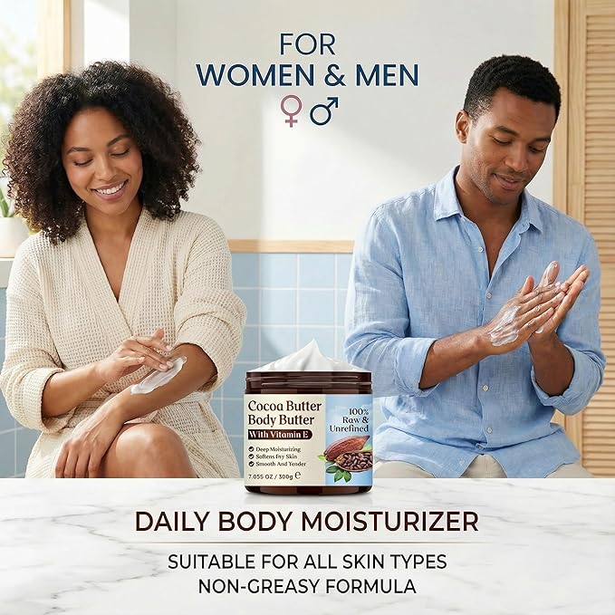 Grospe Cocoa Butter Body Butter for Women & Men 100% Raw & Unrefined Body Cream with Vitamin E Deep Moisturizing Body Lotion for Extremely Dry Skin Natural Daily Body Care Moisturizer - 7.05 Oz
