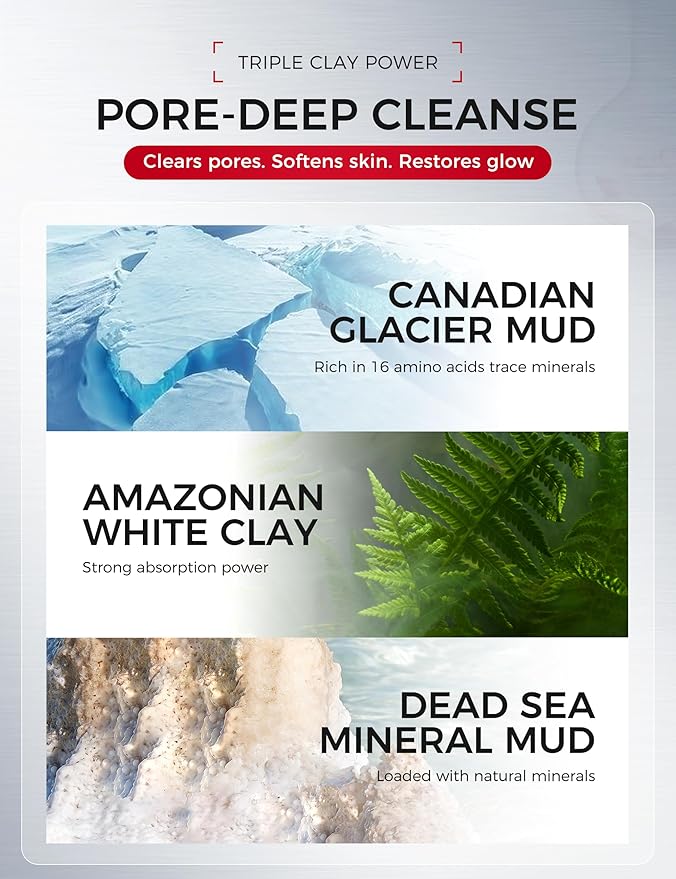 NING DERMOLOGIE Clay Mask for Face & Sensitive Skin: Triple Mud Formula Deep Cleans Pores Reduces Acne Balances Oil & Improves Texture - 3.88 Oz
