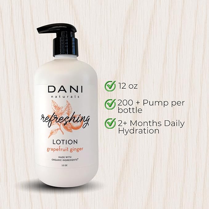 DANI Naturals Grapefruit Ginger Hydrating Lotion, Vegan, Paraben-Free, Made with Organic Ingredients, 12 fl oz