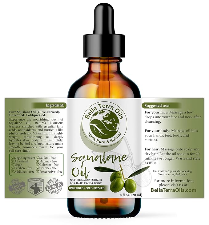 Bella Terra Oils - Organic Squalane Oil 4 oz - Dive into Organic, Olive-Derived, Ideal for Skin and Hair High in Vitamin E, Promotes Supple & Radiant Skin