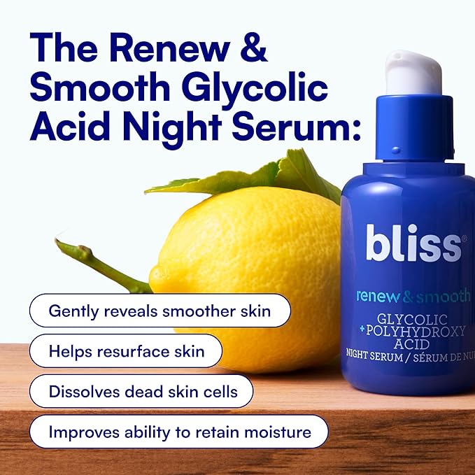 Bliss Renew & Smooth Night Serum – Glycolic Acid + Polyhydroxy Acid Exfoliating Serum – Resurfaces Skin, Smooths Texture & Brightens Tone Overnight – 1 Fl Oz