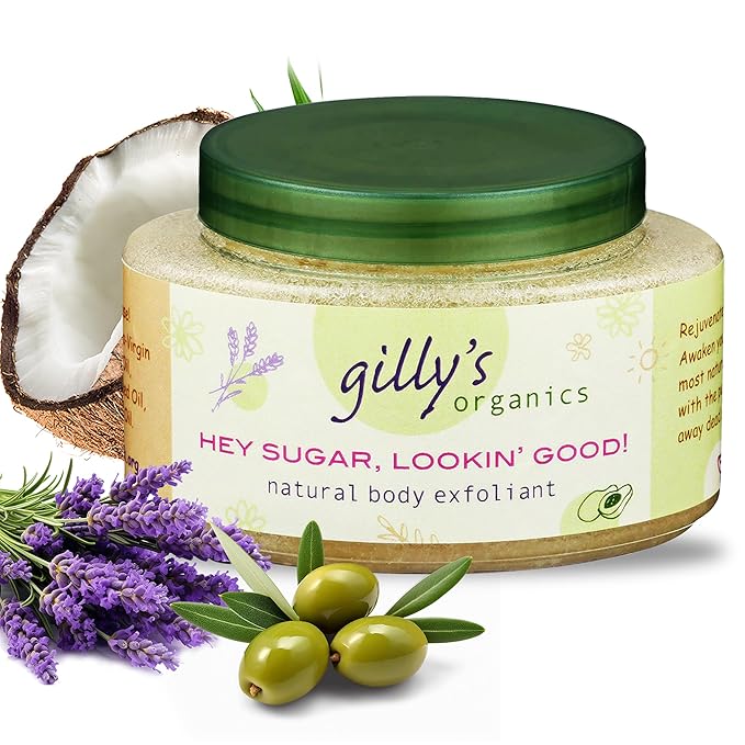 Gilly's Organics Sugar Scrub – Natural Scrubs with Lavender, Coconut, Avocado, Sweet Almond Oil – Gentle Exfoliating and Deeply Hydrating Body Scrub for Women and Men – 8oz Organic Sugar Scrub