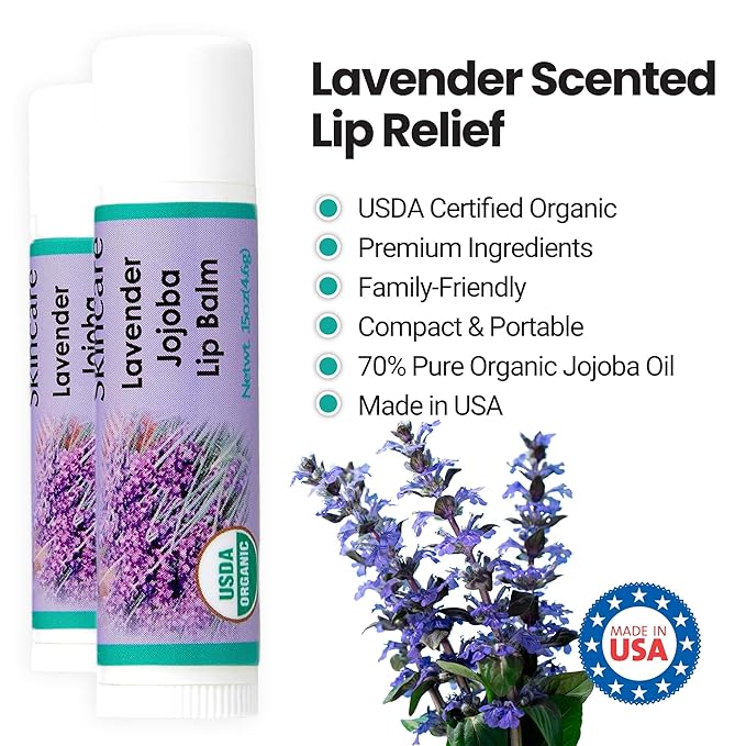 | USDA Organic Lavender Lip Balm – 70% Jojoba Oil with Beeswax – Natural Lavender Essential Oil – Softens, Conditions & Protects Dry Lips – 2-Pack (0.15 oz / 4.6 g Each)