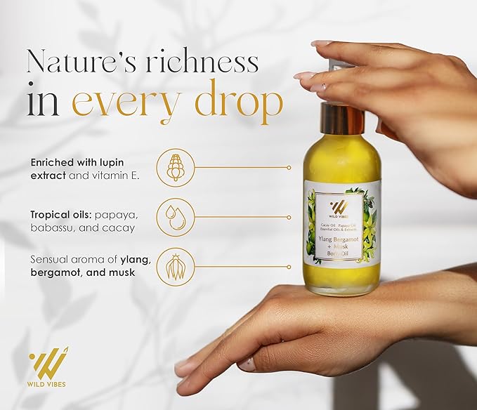 Wild Vibes Ylang Bergamot Body & Massage Oil - Hydrating Jojoba, Papaya Seed Oil, Vitamin E, Lupine Seed Extract for Collagen production – Nourishing Oil for all skin types 4oz