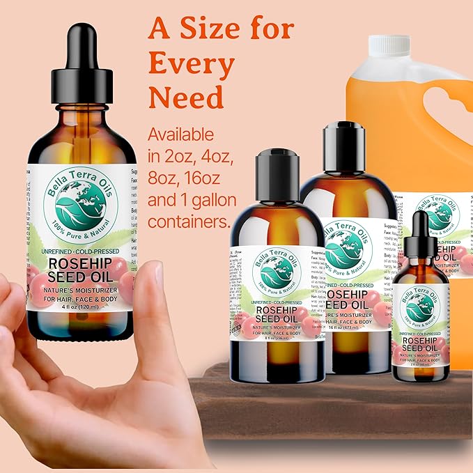 Bella Terra Oils Pure Rosehip Seed Oil – 1 gallon, Nourishing, Hydrating, Rejuvenating, Rich in Vitamins, Enhances Hair and Skin Health