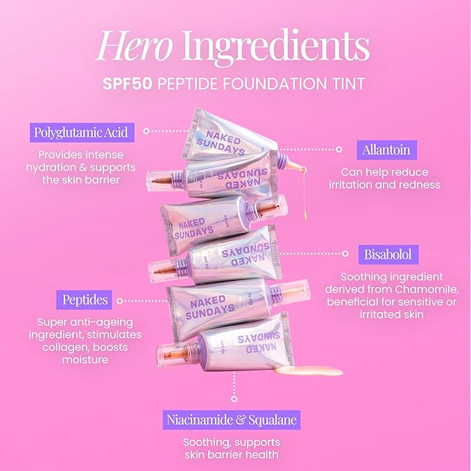 Naked Sundays BeautyScreen Peptide Foundation Tint - SPF 50 Tinted Sunscreen & Skincare Makeup with Zinc Oxide, Niacinamide - Lightweight Natural Coverage, 3 Warm Honey, 1.01 oz