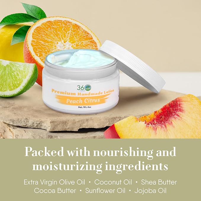 360Feel Peach Citrus Body Lotion - Hydrates with Coconut & Olive Oil, Plant-Based, Non-Greasy, Sensitive Skin, All Day Use