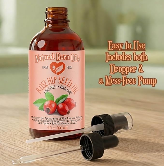 SALE! 4oz Rosehip Seed Oil, 100% Pure and Natural, Cold-Pressed, Unrefined, Organic Moisturizer for Skin and Hair - Includes Pump & Dropper