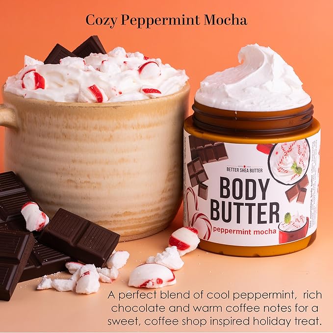 Peppermint Mocha Body Butter with Raw Shea Butter and Jojoba Oil, Full Body Moisturizer for Dry Skin, Hydrating Lotion for Women and Men
