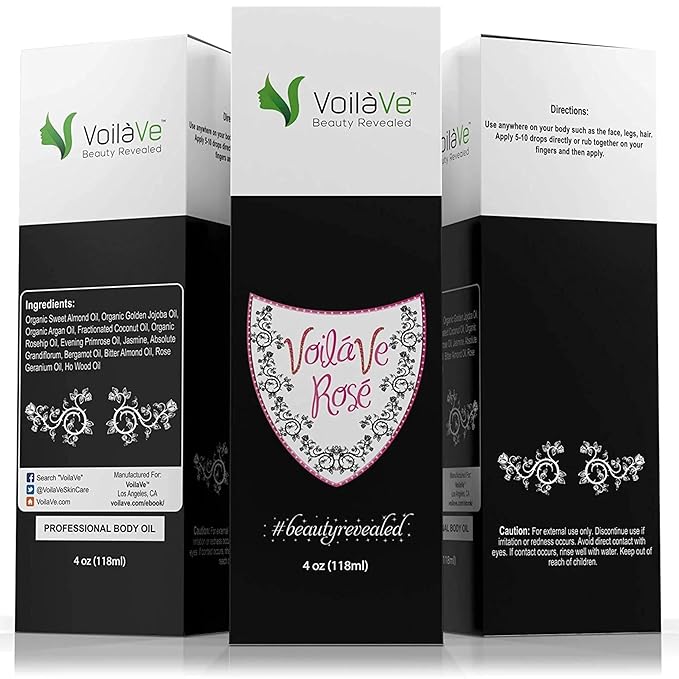 VoilaVe Organic Rose Oil for Face, Hair & Body - Hydrating Moisturizer for Dry Skin, Scalp, Nails & Cuticles - Reduces Wrinkles, Fine Lines, Scars - Infused with Rose Petals & Bergamot - 4 Fl Oz
