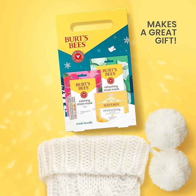Burt’s Bees Mask Bundle Gift Set; , Ultra Conditioning Lip Balm and Moisturizing Lip, Refreshing Sheet and Calming Sheet Masks; Festive Packaging; 1 Gift Set