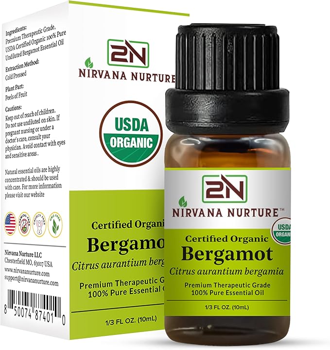 Bergamot Essential Oil, USDA Certified Organic, 100% Pure Undiluted, Aromatherapy Oil for Diffuser, Hair & Skin Care