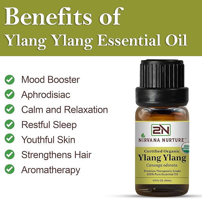 Ylang Ylang Essential Oil, USDA Certified Organic, 100% Pure Undiluted, Aromatherapy Oil for Diffuser, Hair & Skin Care