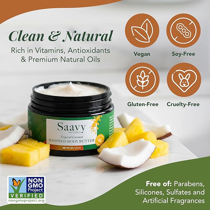 Saavy Naturals Whipped Body Butter - Made with Organic Shea Butter, Essential Body Care & Dry Skin Moisturizer for Women, Velvety Rich Cream Texture, Naturally Scented - Tropical Coconut, 4 oz