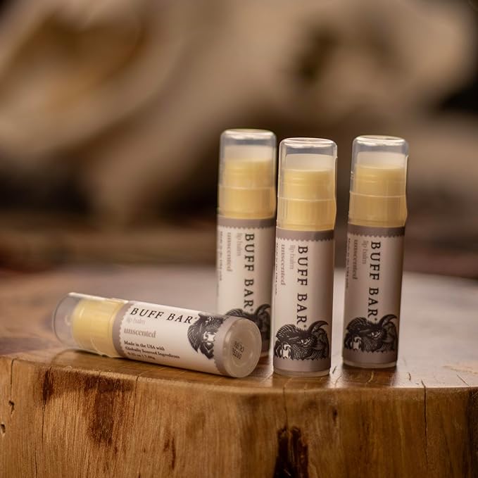 BUFF BAR Pure Bison Tallow Lip Balm, Unscented, (4 pack) - Pure & Honest, Moisturizing, Non-Habit Forming