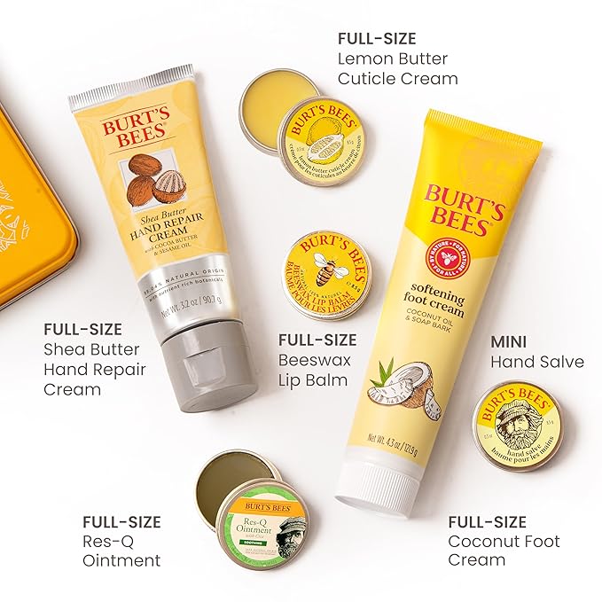 Burt's Bees Gifts Ideas - Classics Set, 6 Products in Giftable Tin – Cuticle Cream, Hand Salve, Lip Balm, Res-Q Ointment, Hand Repair and Foot Cream